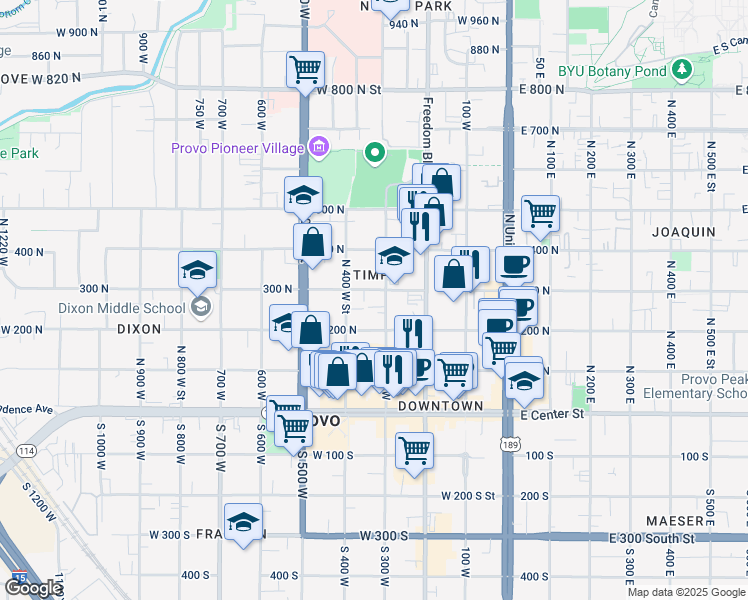 map of restaurants, bars, coffee shops, grocery stores, and more near 263 North 300 West in Provo
