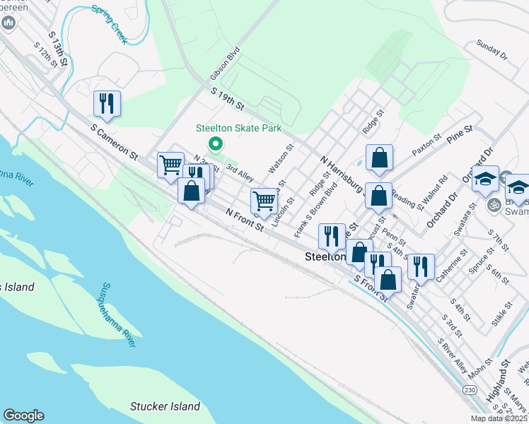 map of restaurants, bars, coffee shops, grocery stores, and more near 311 North 2nd Street in Steelton