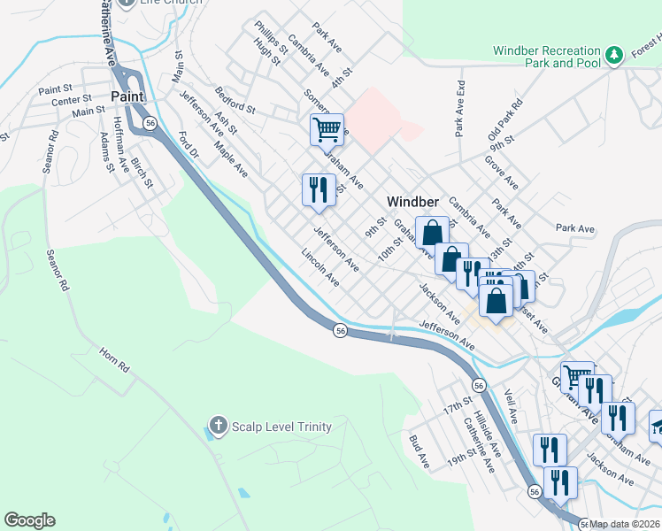 map of restaurants, bars, coffee shops, grocery stores, and more near 210 9th Street in Windber