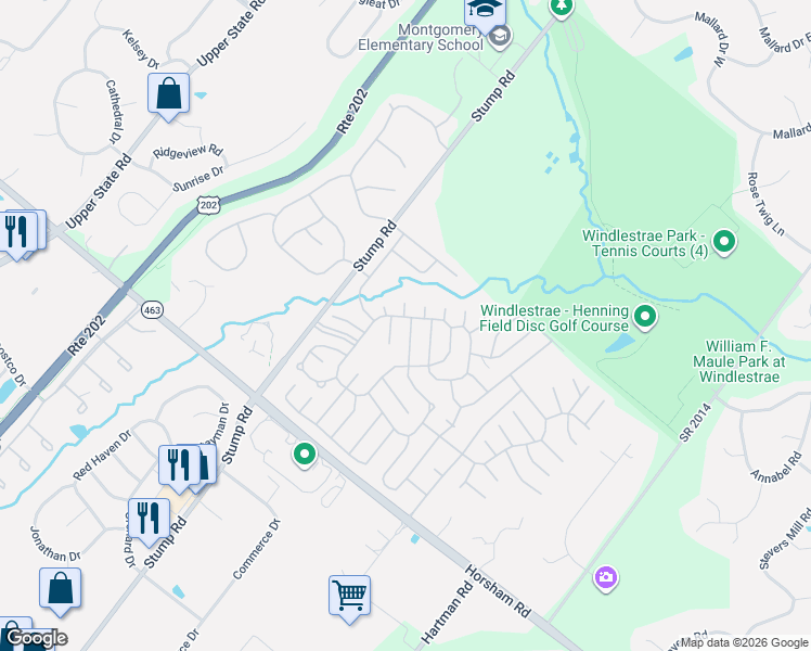 map of restaurants, bars, coffee shops, grocery stores, and more near 103 Winding Brook Run in North Wales