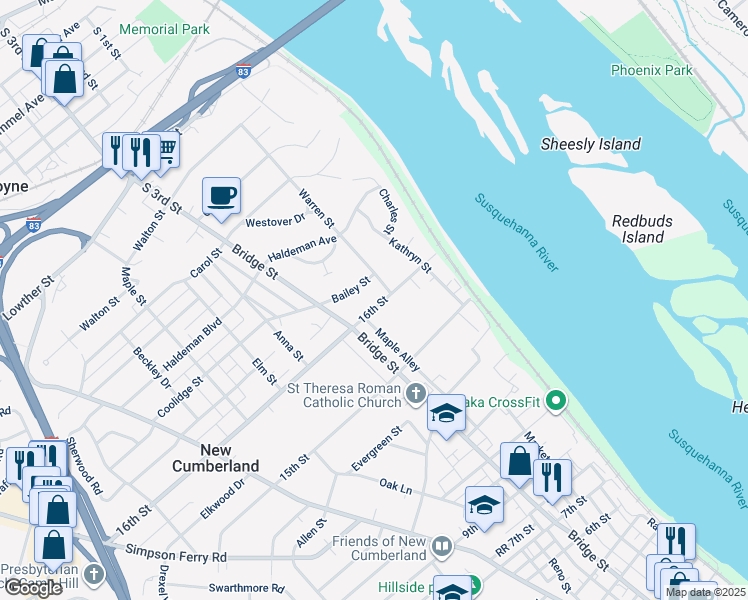 map of restaurants, bars, coffee shops, grocery stores, and more near 211 16th Street in New Cumberland