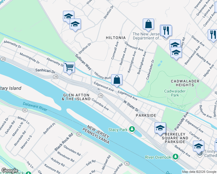 map of restaurants, bars, coffee shops, grocery stores, and more near 17 Bruce Park Drive in Trenton