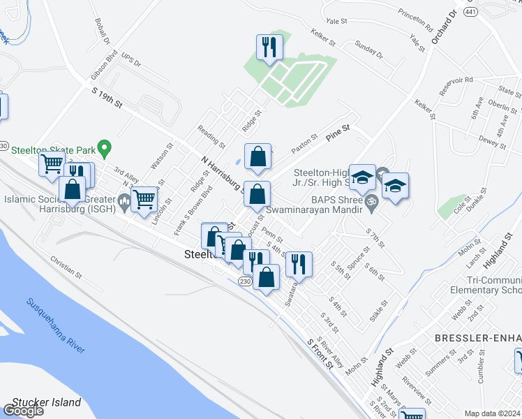 map of restaurants, bars, coffee shops, grocery stores, and more near 14 North Harrisburg Street in Steelton
