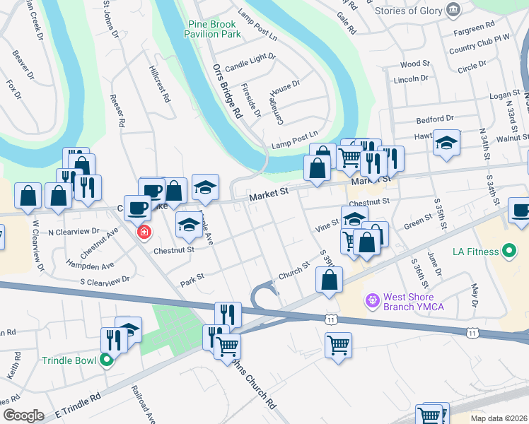 map of restaurants, bars, coffee shops, grocery stores, and more near 10 Oak Ave in Camp Hill