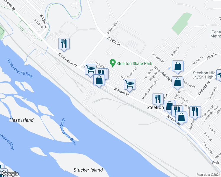 map of restaurants, bars, coffee shops, grocery stores, and more near 522 North Front Street in Steelton