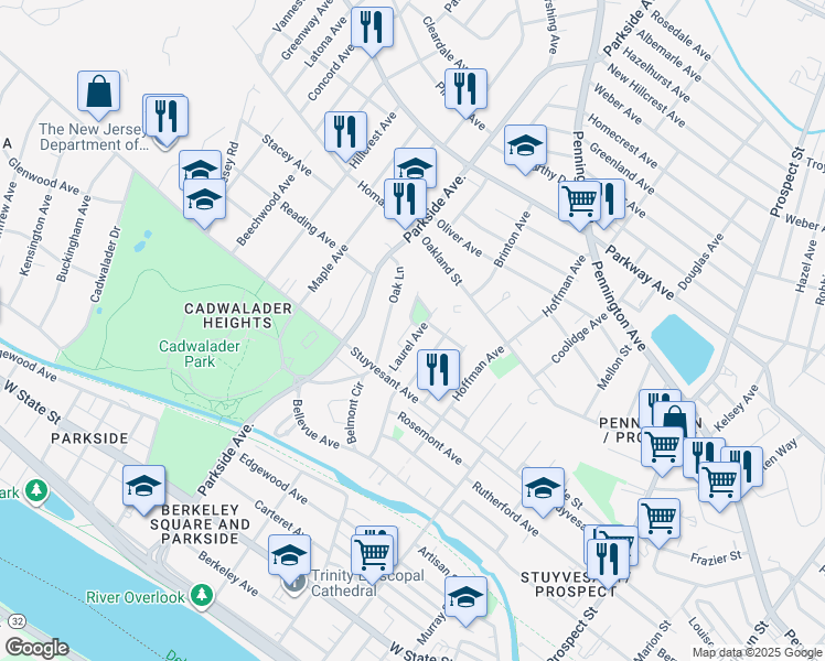 map of restaurants, bars, coffee shops, grocery stores, and more near 53 Laurel Avenue in Trenton