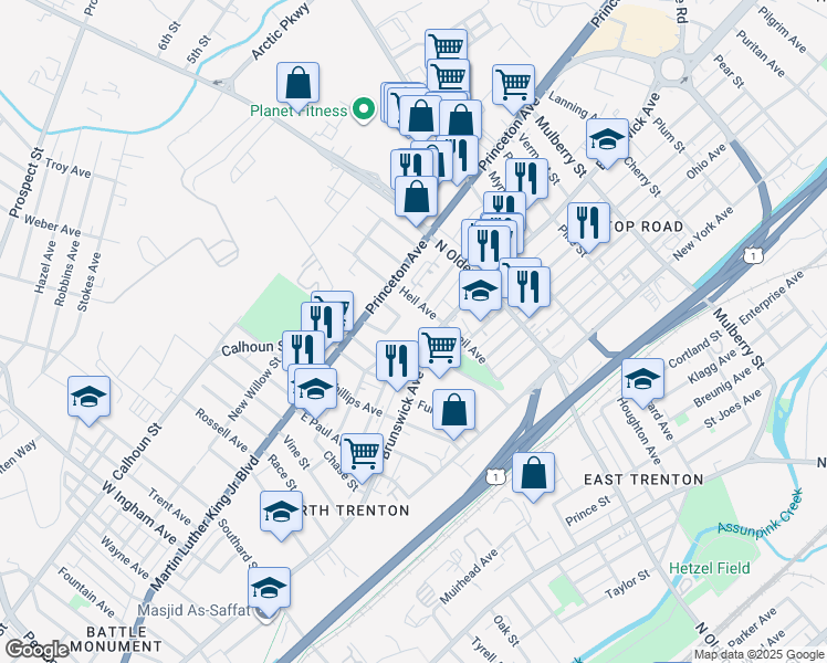 map of restaurants, bars, coffee shops, grocery stores, and more near 825 Brunswick Avenue in Trenton
