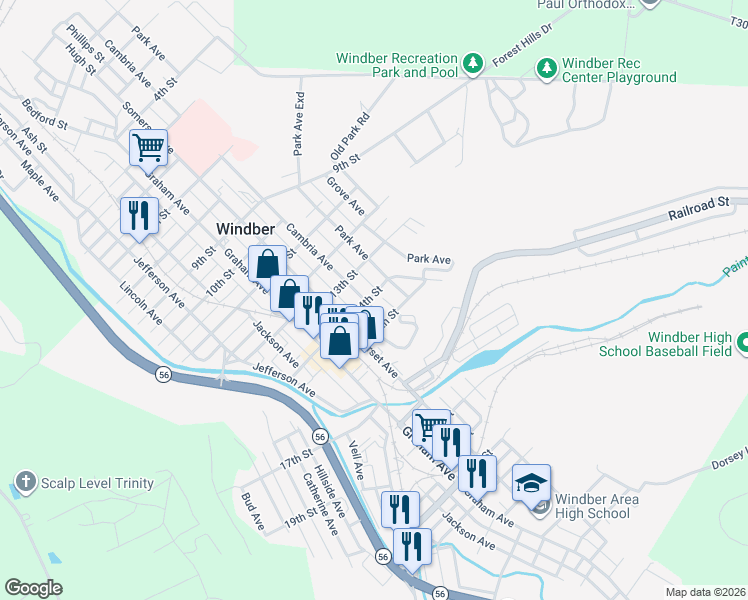 map of restaurants, bars, coffee shops, grocery stores, and more near 1401 Cambria Avenue in Windber