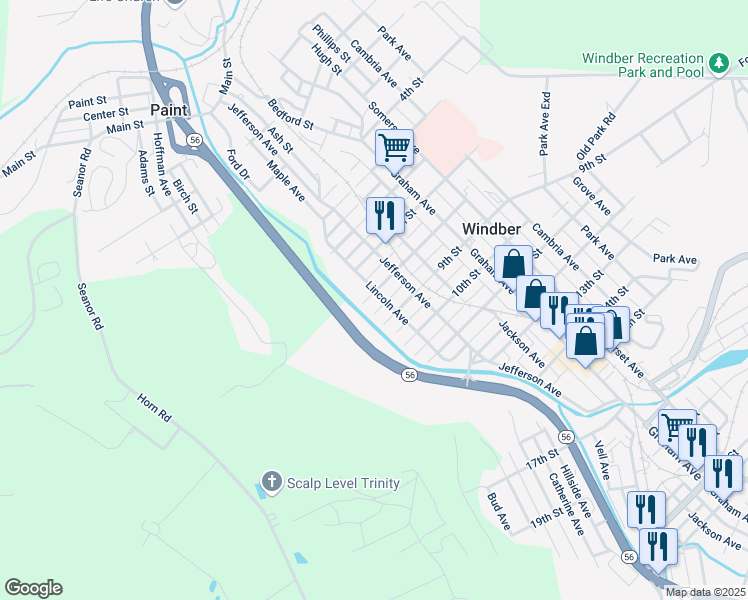 map of restaurants, bars, coffee shops, grocery stores, and more near 108 8th Street in Windber