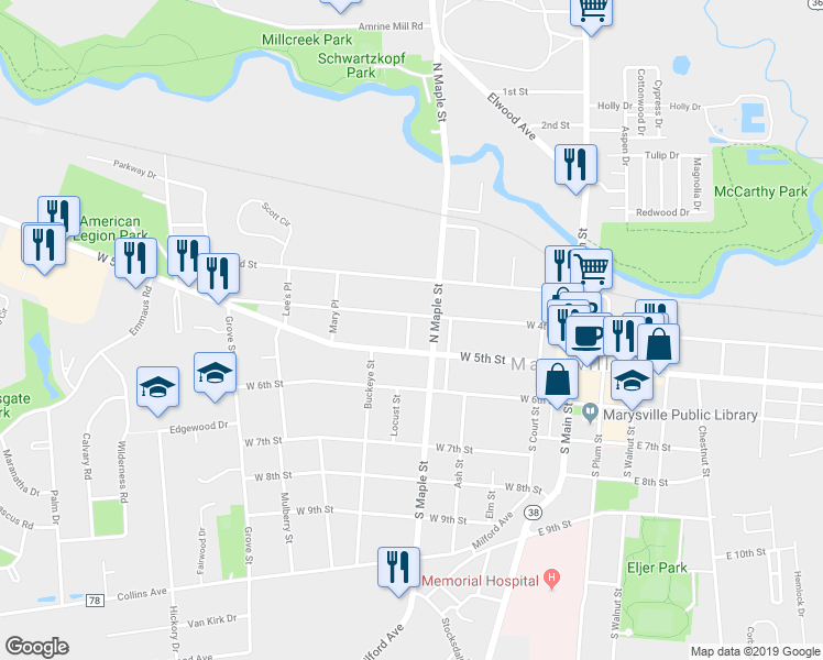 map of restaurants, bars, coffee shops, grocery stores, and more near 70 Cedar Street in Marysville