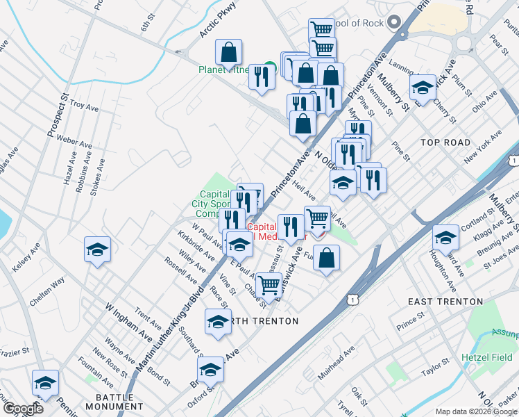map of restaurants, bars, coffee shops, grocery stores, and more near 1287 Martin Luther King Junior Boulevard in Trenton