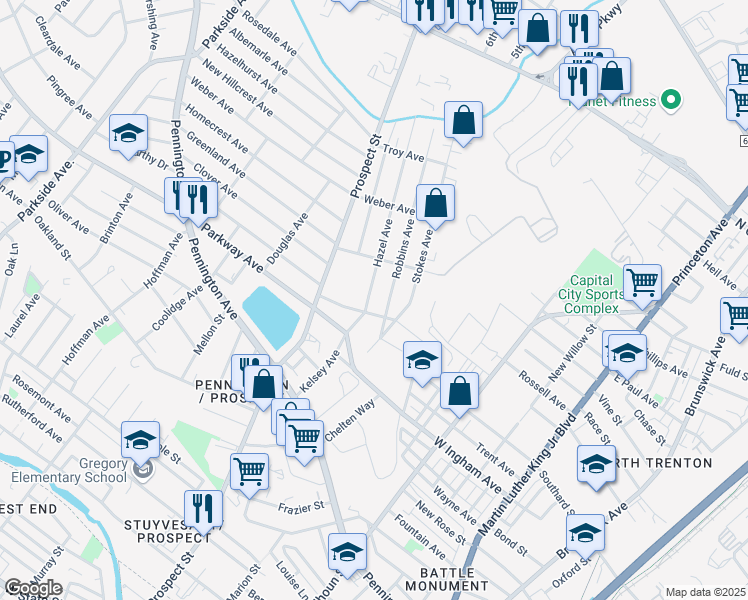 map of restaurants, bars, coffee shops, grocery stores, and more near 110 Hazel Ave in Ewing Township