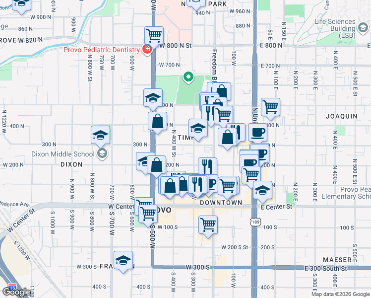 map of restaurants, bars, coffee shops, grocery stores, and more near 263 North 300 West Street in Provo