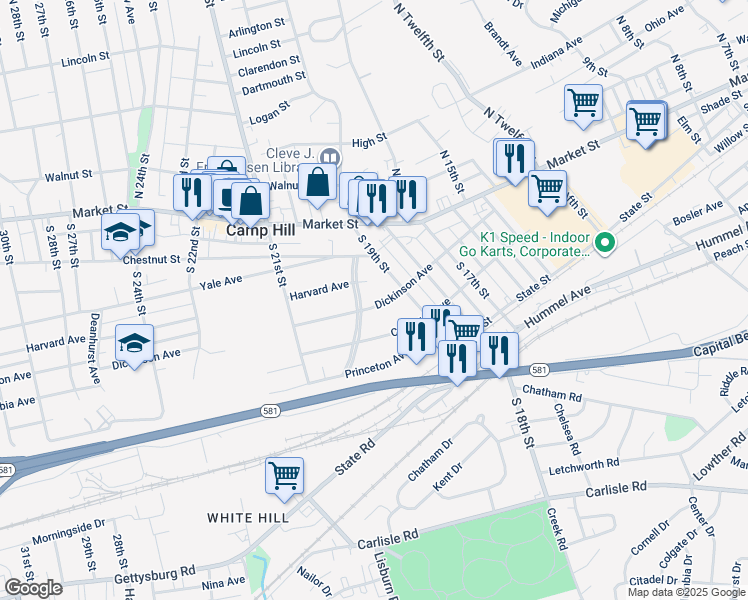 map of restaurants, bars, coffee shops, grocery stores, and more near 8 Dickinson Avenue in Camp Hill