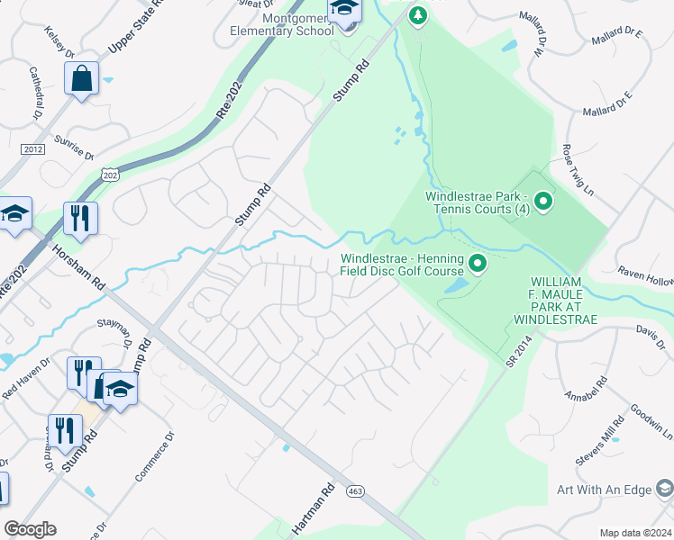 map of restaurants, bars, coffee shops, grocery stores, and more near 399 Clear Creek Court in North Wales