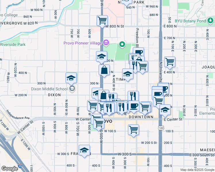 map of restaurants, bars, coffee shops, grocery stores, and more near 293 North 400 West Street in Provo