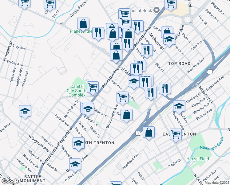 map of restaurants, bars, coffee shops, grocery stores, and more near 825 Brunswick Avenue in Trenton