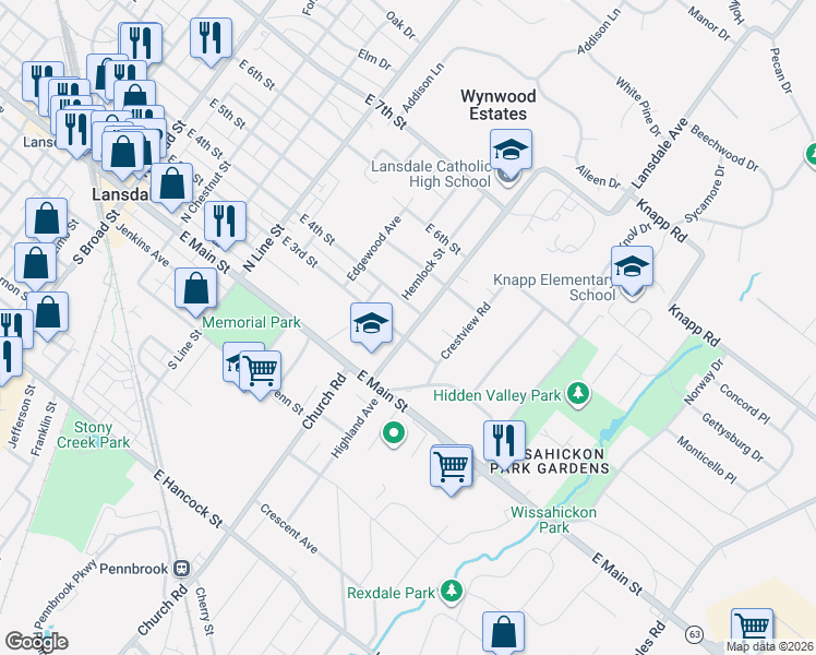 map of restaurants, bars, coffee shops, grocery stores, and more near 533 East 3rd Street in Lansdale