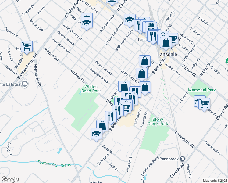 map of restaurants, bars, coffee shops, grocery stores, and more near 512 Green Street in Lansdale
