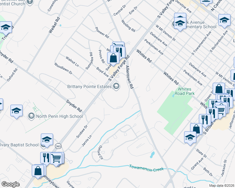 map of restaurants, bars, coffee shops, grocery stores, and more near 1935-22481 Brittany Pointe Estates in Lansdale