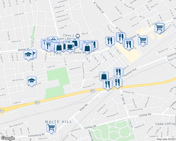 map of restaurants, bars, coffee shops, grocery stores, and more near 7 Pennsylvania Avenue in Camp Hill