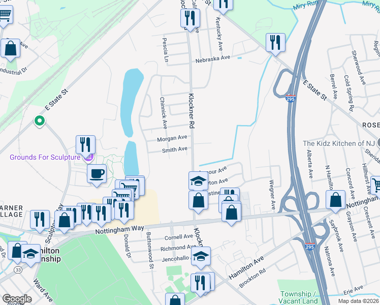 map of restaurants, bars, coffee shops, grocery stores, and more near 691 Klockner Road in Hamilton Township