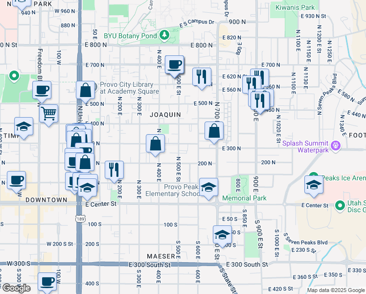 map of restaurants, bars, coffee shops, grocery stores, and more near 292 North 500 East Street in Provo