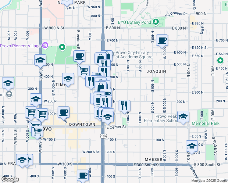 map of restaurants, bars, coffee shops, grocery stores, and more near 98 300 North in Provo