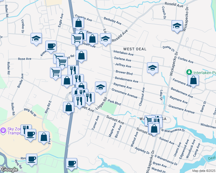 map of restaurants, bars, coffee shops, grocery stores, and more near 1603 Logan Road in Wanamassa
