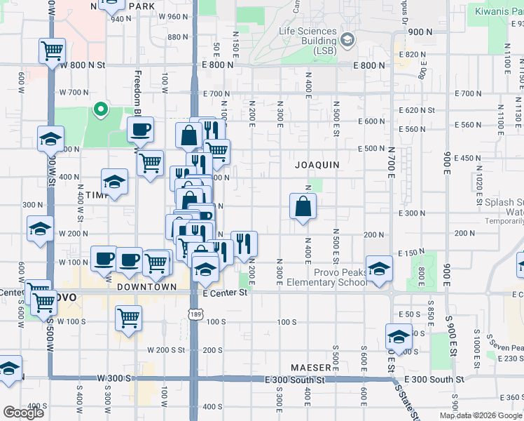 map of restaurants, bars, coffee shops, grocery stores, and more near 232 East 300 North in Provo