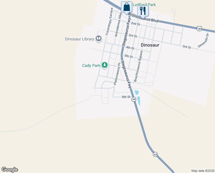 map of restaurants, bars, coffee shops, grocery stores, and more near Blue Mountain Avenue in Dinosaur