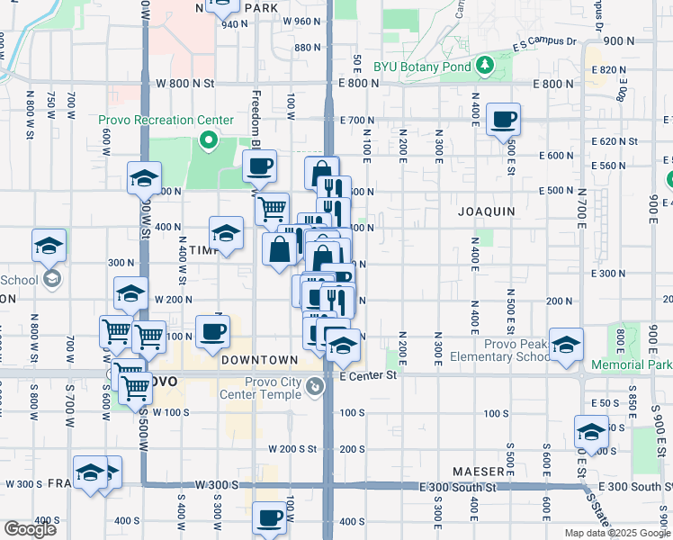 map of restaurants, bars, coffee shops, grocery stores, and more near 294 North University Avenue in Provo
