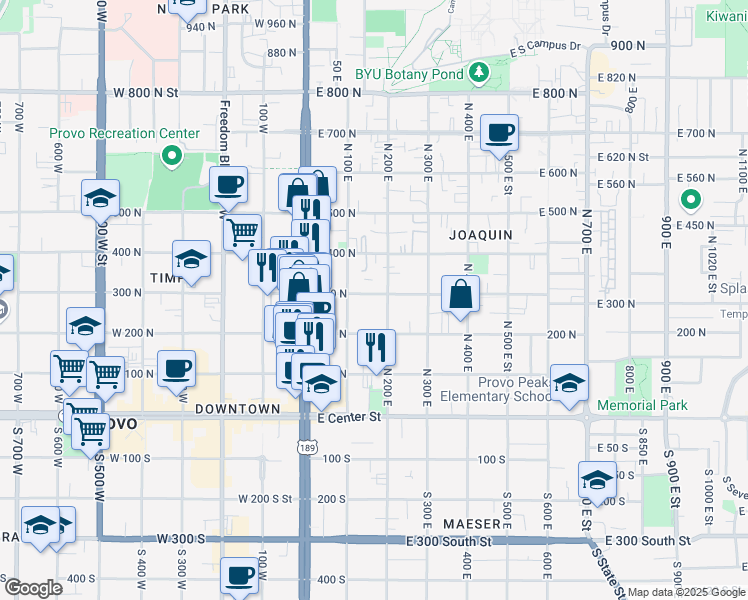 map of restaurants, bars, coffee shops, grocery stores, and more near 172 300 North in Provo