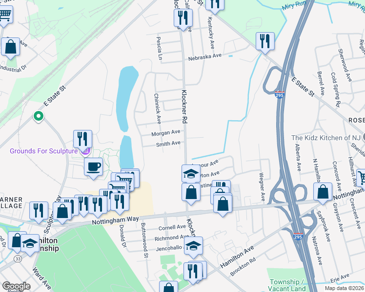 map of restaurants, bars, coffee shops, grocery stores, and more near 691 Klockner Road in Hamilton Township