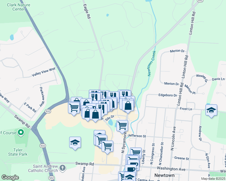 map of restaurants, bars, coffee shops, grocery stores, and more near 156 Cliveden Drive in Newtown