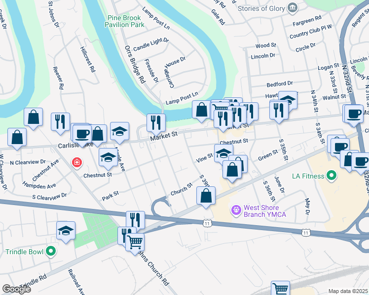 map of restaurants, bars, coffee shops, grocery stores, and more near 10 South 39th Street in Camp Hill