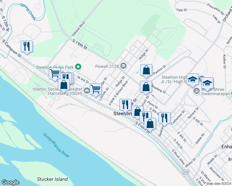 map of restaurants, bars, coffee shops, grocery stores, and more near 139 Adams Street in Steelton
