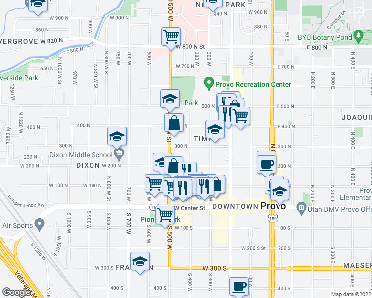 map of restaurants, bars, coffee shops, grocery stores, and more near 293 North 400 West Street in Provo