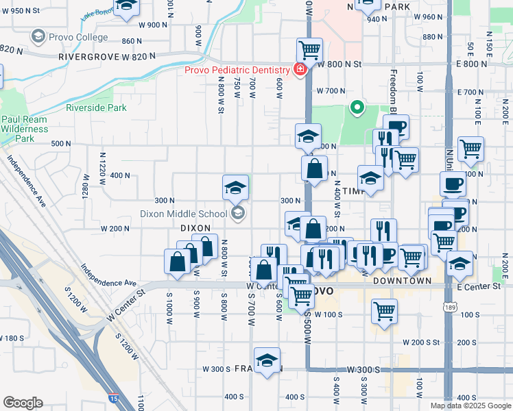 map of restaurants, bars, coffee shops, grocery stores, and more near 691 300 North in Provo