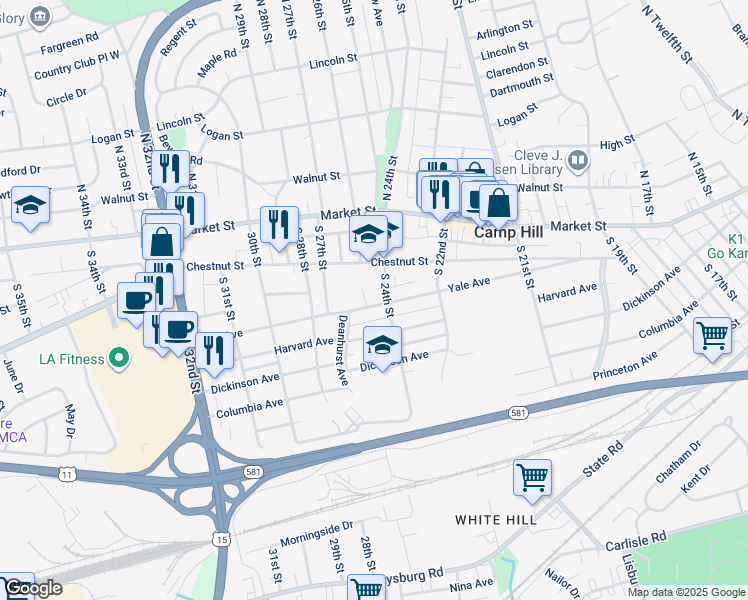 map of restaurants, bars, coffee shops, grocery stores, and more near 2420 Yale Avenue in Camp Hill