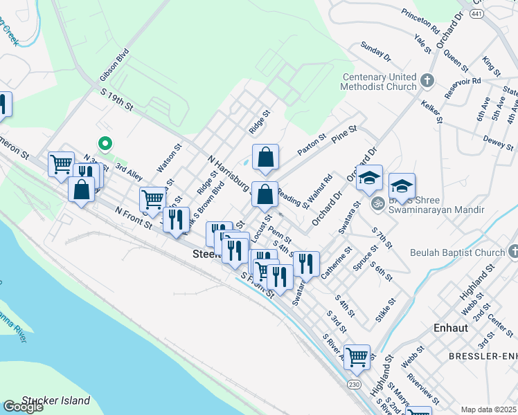 map of restaurants, bars, coffee shops, grocery stores, and more near 356 Pine Street in Steelton