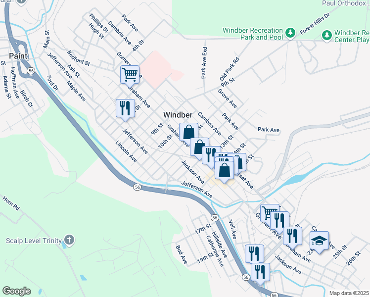 map of restaurants, bars, coffee shops, grocery stores, and more near 1100 Graham Avenue in Windber