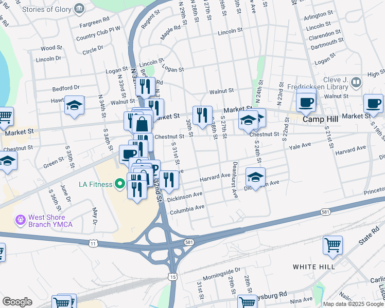 map of restaurants, bars, coffee shops, grocery stores, and more near 136 South 30th Street in Camp Hill