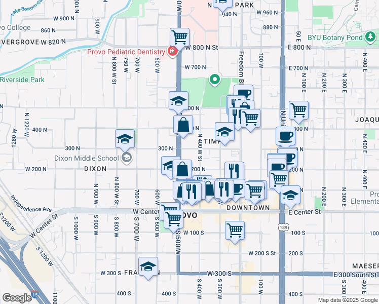 map of restaurants, bars, coffee shops, grocery stores, and more near 465 300 North in Provo