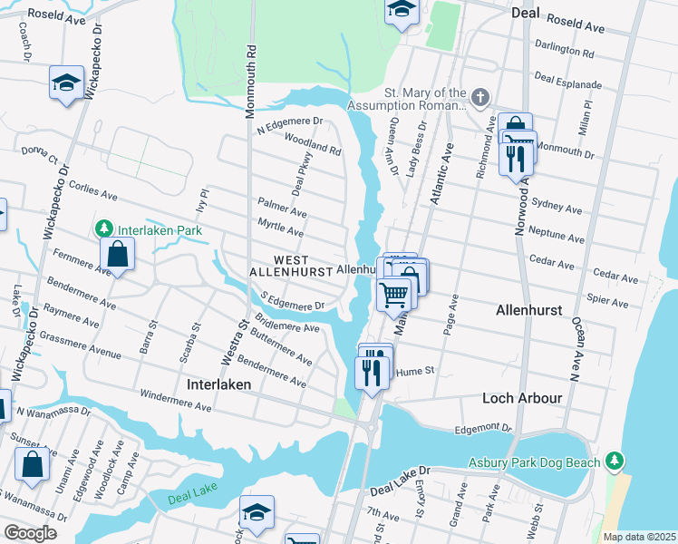 map of restaurants, bars, coffee shops, grocery stores, and more near 510 Corlies Avenue in Allenhurst