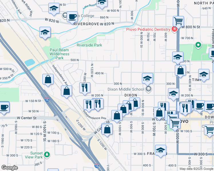 map of restaurants, bars, coffee shops, grocery stores, and more near 1117 West 300 North Street in Provo