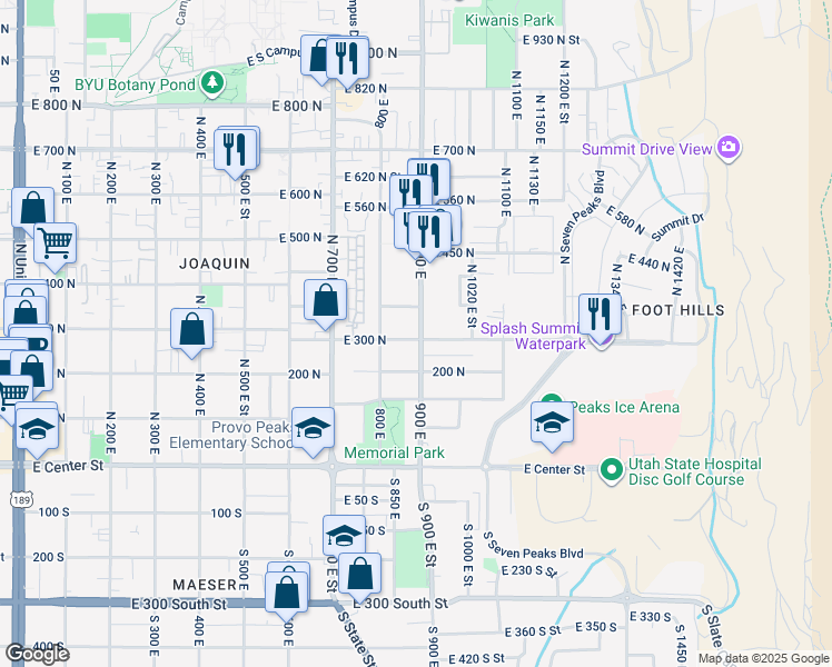 map of restaurants, bars, coffee shops, grocery stores, and more near 895 300 North in Provo