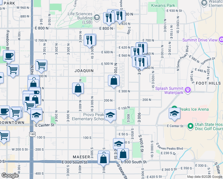 map of restaurants, bars, coffee shops, grocery stores, and more near 306 700 East in Provo