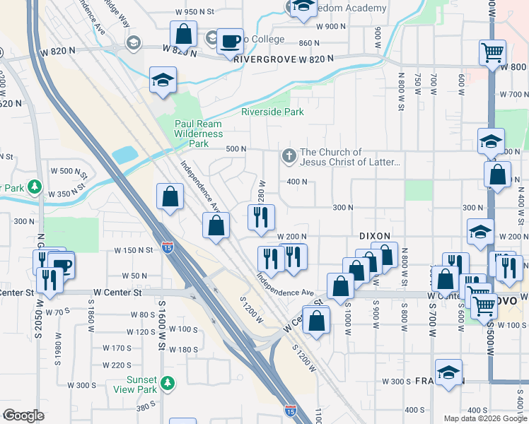map of restaurants, bars, coffee shops, grocery stores, and more near 242 1260 West in Provo