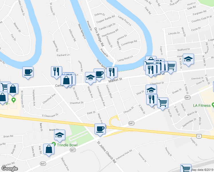 map of restaurants, bars, coffee shops, grocery stores, and more near 6809 Market Street in Camp Hill